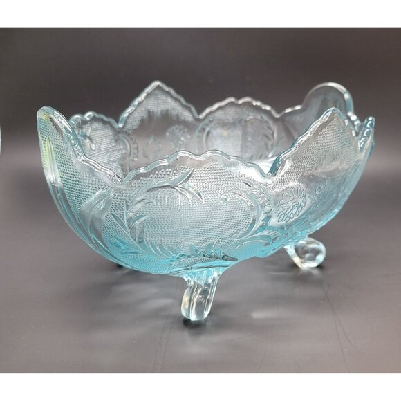 Blue Glass Bowl Jeannette Lombardi Floral Oval Footed Dish DD19 - Picture 4 of 7